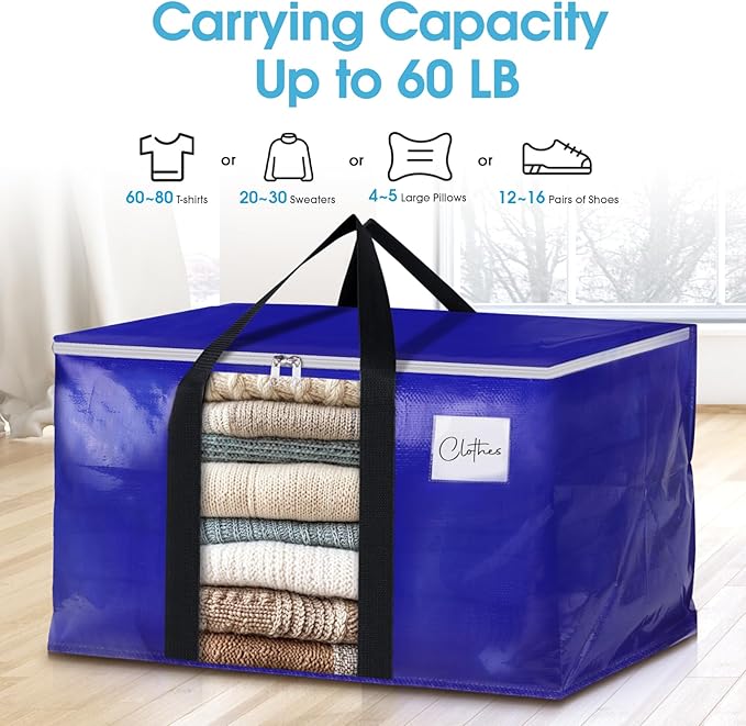 BlissTotes 10 Pack Moving Bags with Clear Window, Storage Bags with Strong Carrying Handles & Zippers,Large Packing Bags for Saving Space, Alternative to Moving Boxes(Blue,24 Gallon)