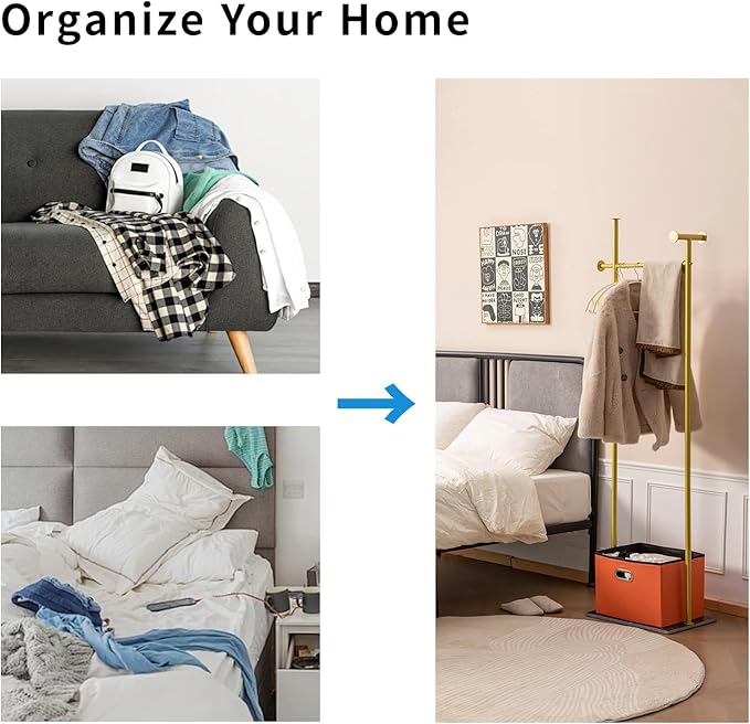 Coat Rack Freestanding with Storage Basket Heavy Duty Clothes Rack Marble Base Modern Coat Stand for Bedroom Living Room Hotel 13.39" D x 19.69" W x 68.9" H (Gold)