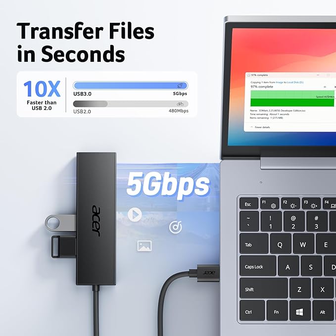 Acer USB Hub 4 Ports, Multiple USB 3.0 Hub, USBA Splitter for Laptop with Type C Power Port, Extender for A Port Laptop, PC, Desktop and More (2ft)