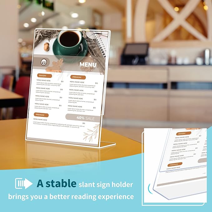 Annecy Sign Holder 8.5 x 11, 24 Packs Sign Stand for Display, L Shape Plastic Clear Sign Holder 8.5x11 Standing Vertical Menu Flyer Holder, Frames Table Signs for Stores, Restaurants, Hotels, Office