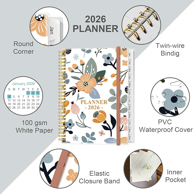 2026 Planner - Weekly Monthly Planner 2026 from January 2026 to December 2026 with 12 Monthly Tabs, Flexible Cover, Inner Pocket, 8.5" x 11", Rose Floral