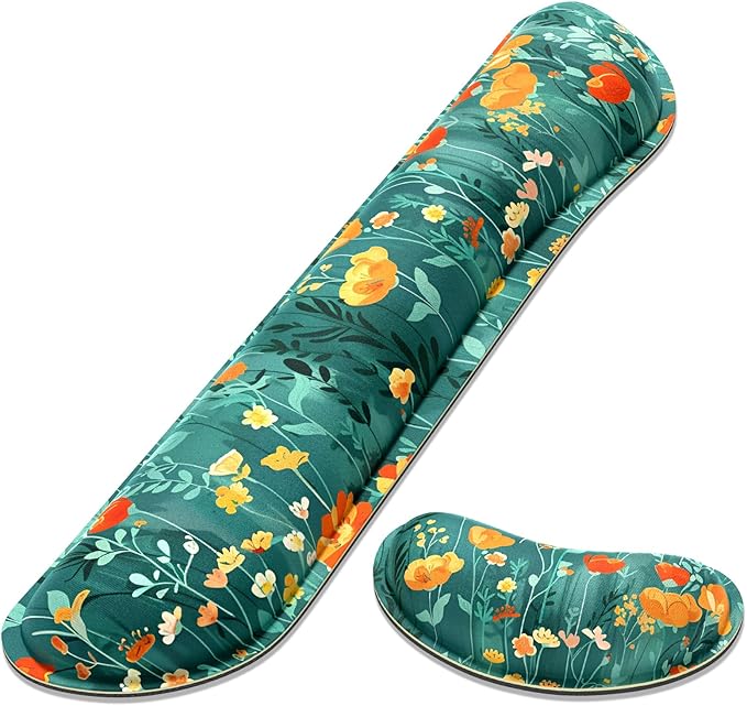 Dapesuom Enlarge Keyboard Wrist Rest Pad, Memory Foam Set Wrist Cushion Support for Easy Typing & Pain Relief, Mouse Wrist Pad, Anti-Slip Wrist Support for Gaming, Computer, Office, Forest Flowers