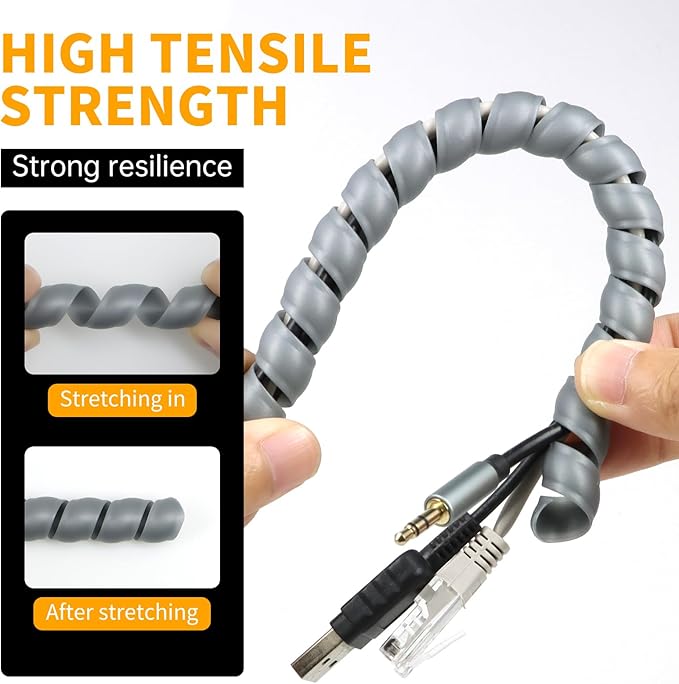 Spiral Wire Wrap, 9.84ft, 16.4ft, 33ft Spiral Cable Wrap Sleeve Hose for Computer, Power, Audio & Video Cords Stop Cord Tangle and Detangler (Grey, 10mm (3/8")-33ft)