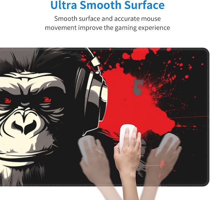 Stylish Gorilla with Headphones Against Themed Mouse Pad 31.5 x 12 Inch, Anti-Slip Rubber Base, Ideal for Computer, Laptop, Office & Home Use