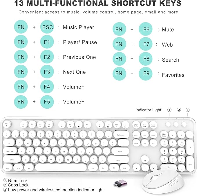 Wireless Keyboard and Mouse Combo, Ergonomic Full Size Typewriter Retro Round Keycaps Keyboard, Compatible with Windows, PC, Perfer for Home and Office Keyboards（White）