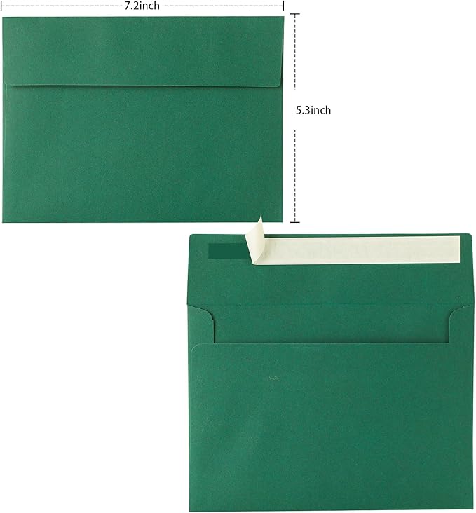 Green Envelopes, 50 Pack, 5 x 7 Inch, A7, Dark Green, 120gsm Paper for Invitations, Wedding, Birthday, Personalize Gift, Postcard