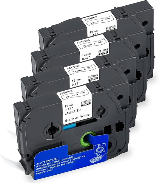 Label Maker Tape TZe-231 Replacement for Brother P Touch PT-D210 PT-D220 PT-H110 PT-D600 D400 by FETIONS, Compatible with TZe TZ 12mm X 8m Laminated Waterproof Label Tape, 4 Pack