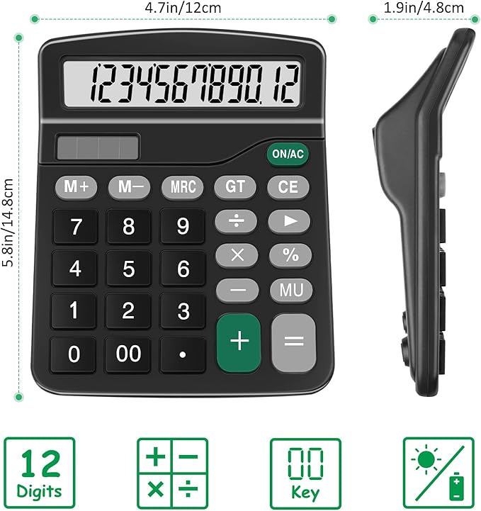 Calculators, Splaks 2 Pack Standard Functional Desktop Calculators Sola and AA Battery Dual Power Electronic Basic Calculator with 12-Digit Large Display for Office, Home, School (2 Black)