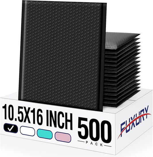 Fuxury 500 Pack Black Bubble Mailers 10.5x16 Inch, Self Seal Padded Envelopes Waterproof Mailing Envelopes Bubble Padded, Cushioning Padded Mailers, Bubble Bags for Packaging, Small Business Large #5