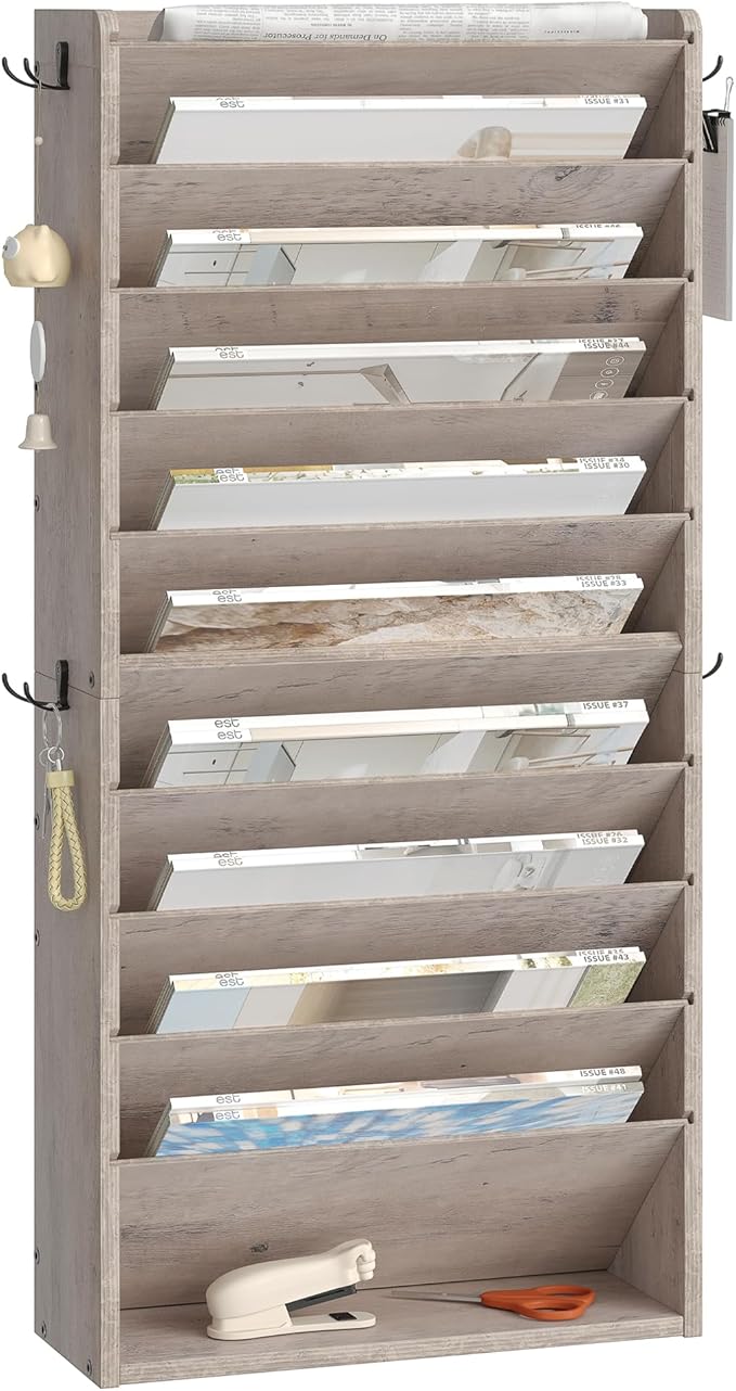 Wall File Organizer, 10-Tier Hanging Mail Organizer, Wall Mount File Holder with 4 Side Hooks, Industrial Mail and Storage Organizer, Wooden Vertical Hanging Holder for Office, Greige MWJ03FH