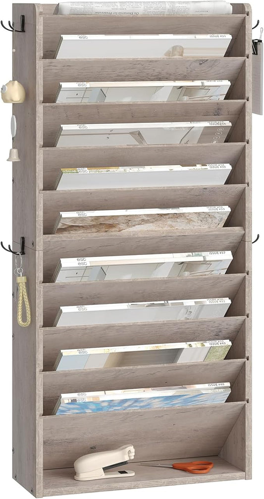 Wall File Organizer, 10-Tier Hanging Mail Organizer, Wall Mount File Holder with 4 Side Hooks, Industrial Mail and Storage Organizer, Wooden Vertical Hanging Holder for Office, Greige MWJ03FH