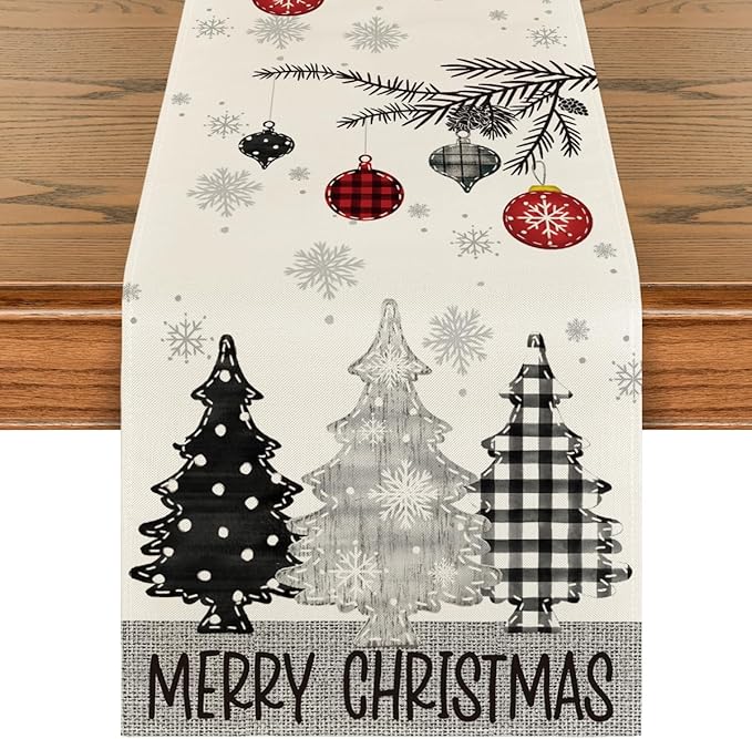 Artoid Mode Grey Pine Trees Snowflake Merry Christmas Table Runner, Winter Xmas Holiday Kitchen Dining Table Decoration for Home Party Decor 13x72 Inch