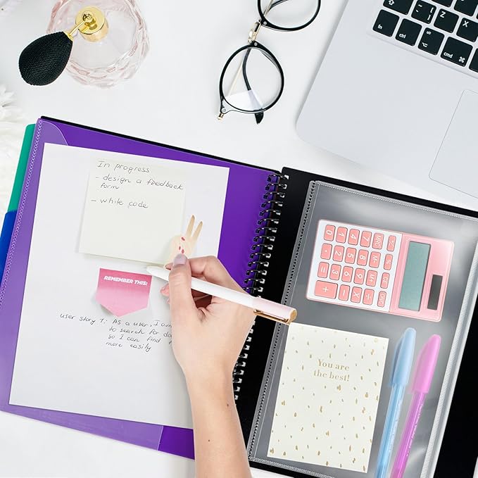 Binditek 12-Pocket Poly Project Organizer, Heavy-Duty Poly Cover, Clear Front Pocket, 6-Color Dividers with 1/3-Cut Tabs, Fixed Zipper Pouch, Letter-Size, Black