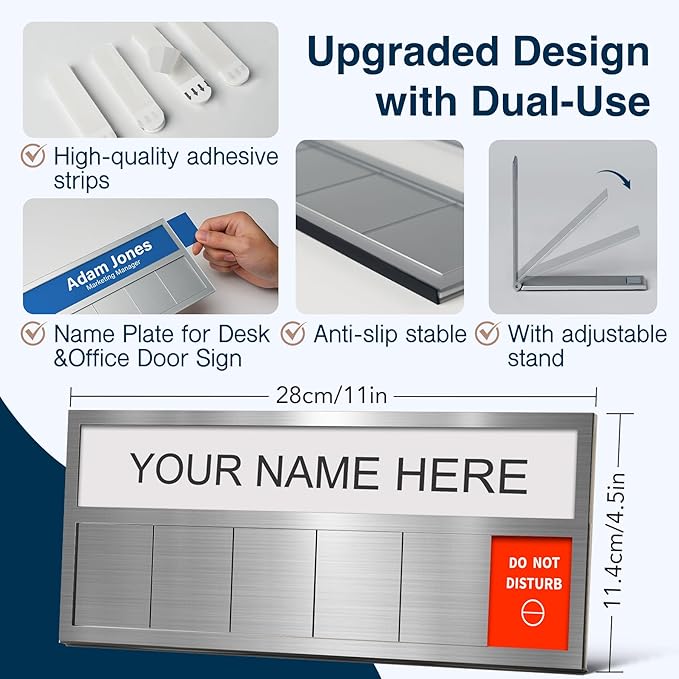 Name Plate for Desk& Office Door Sign, 6 Options Do Not Disturb, In A Meeting, Out of Office, Working Remotely, Please Knock, Stick or Stand with Desk Name Plate, Brushed silver