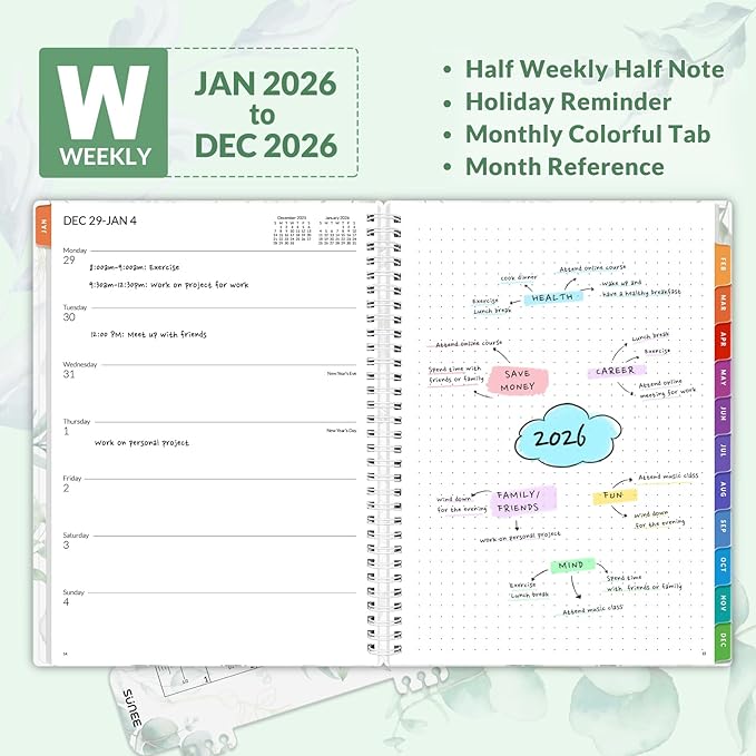 SUNEE 2026 Weekly and Monthly Planner - January 2026-December 2026, 8.5"x11" Half Weekly Half Note, Daily Agenda Planner with PVC Waterproof Cover, Monthly Tab, Note, Pockets, Bookmark, Leaf