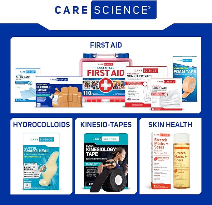 Care Science Fabric Adhesive Bandages, 100 ct Assorted Sizes | Flexible + Breathable Protection Helps Prevent Infection for First Aid and Wound Care