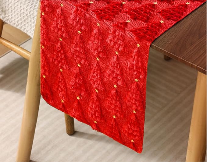 Christmas Table Runner 13x108 Inch, Xmas Trees Star Winter Holiday Decorative Farmhouse Table Decorations for Kitchen Dinning, Indoor Outdoor Dinner Party Decor (Red) 1Pack
