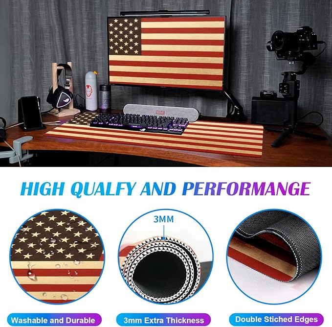 American Flag Extended Mouse Pad, Large Gaming Mouse Pad XXL Laptop Mouse Keyboard Pad 35.4 x 15.7-Inch Office Desk Decoration