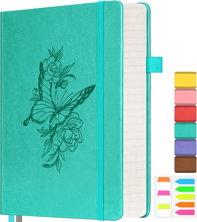 Lined Notebook Journal for Women Men, 312 Numbered Pages A5 Thick Leather Journal for Writing, Daily Journal for Work School, Hardcover College Ruled Notebook, Butterfly Floral Notebook, Peacock Blue
