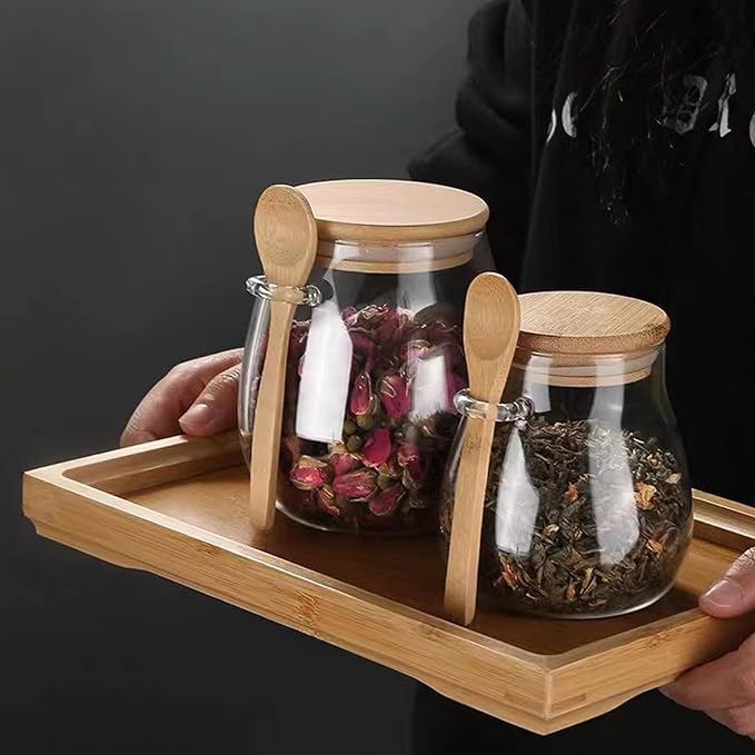 Airtight glass jar storage container with bamboo lid Set of 2, wide mouth, leak-proof, With a spoon, can be used for coffee beans, tea leaves, grains, dried fruits, etc (Large*2PCS)