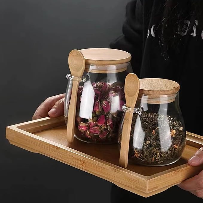 Airtight glass jar storage container with bamboo lid Set of 2, wide mouth, leak-proof, With a spoon, can be used for coffee beans, tea leaves, grains, dried fruits, etc (Small)