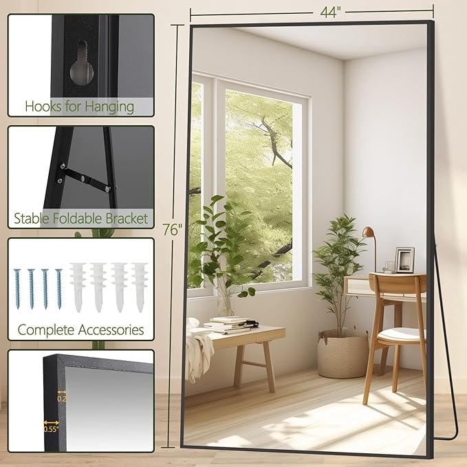 MELOMOIR 76"x44" Oversized Floor Mirror Freestanding, Oversized Mirror Full Length for Bedroom Living Room Dressing Room Gym Yoga Hair Salon, Black Mirror Full Length with Shatterproof Tempered Glass