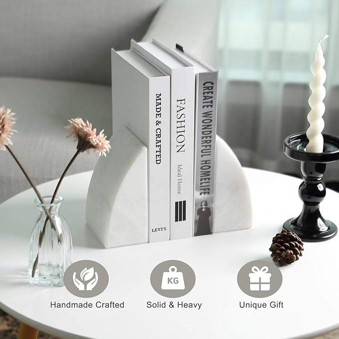 Koville Marble Bookends for Shelves, Large Bookends for Heavy Books, Natural Stone Book Stopper for Books CD Movies, Aesthetic Decorative Book Ends (White)