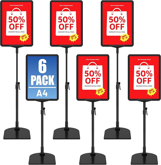 6Pack Sign Stand for Display A4, Adjustable Poster Stand for Table Top & Floor, Floor Standing Sign Holder, Metal Signage Stands for Business, Tradeshow, Store, Farm Display Stands