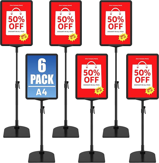 6Pack Sign Stand for Display A4, Adjustable Poster Stand for Table Top & Floor, Floor Standing Sign Holder, Metal Signage Stands for Business, Tradeshow, Store, Farm Display Stands
