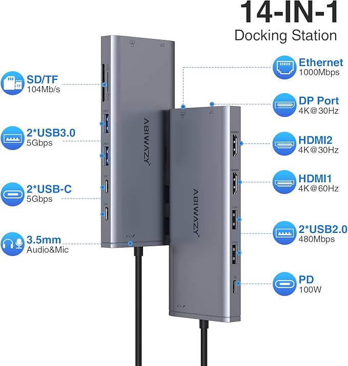 USB C Hub USB-C Docking Station Dual Monitor 14 in 1 Triple Display Multiport Adapter with 2 HDMI+DP+7 USB Type C/A Ports+Ethernet+Audio, USBC Dongle for Dell/HP/Lenovo ThinkPad/Surface(Grey)