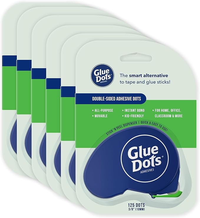 Glue Dots, Dispenser for everyday uses, 6-pack, 750 total dots, 3/8", .375 Inches, Movable, Repositionable, Multi-Functional, Label Containers, Glue Stick and Tape Alternative, Clear