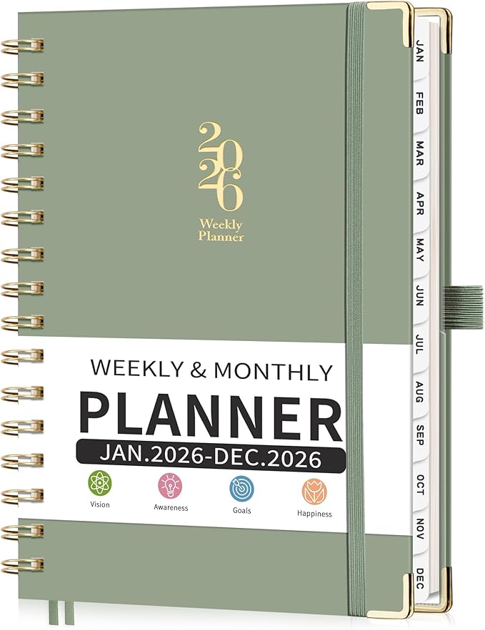 2026 Planner, Weekly and Monthly, A5 Size (5.7" x 8.3"), Jan 2026 - Dec 2026, Calendar, To-do List, Agenda, 12-Month Tabs, Hardcover, 100 GSM Thick Paper, Spiral-bound (Light Green)