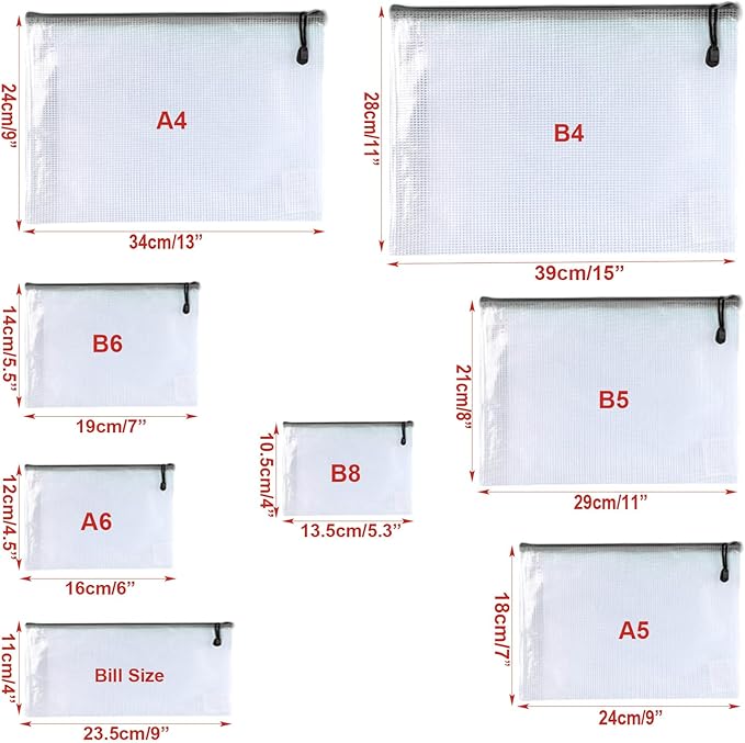 Oaimyy-A4(9"x 13",12 Pcs),Plastic Mesh Zipper Pouch Document Folders Bag Zip File Folders for School Office Supplies, Travel,Puzzles Games Organizing Storage-Black