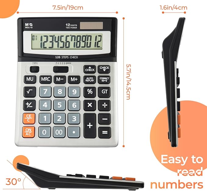 M&G Desk Calculator 12 Digit Extra Large LCD Display Calculators with Check & Correct, Dual Solar Power and Battery, Multi-Functional Financial Office Business Calculator with Big Buttons