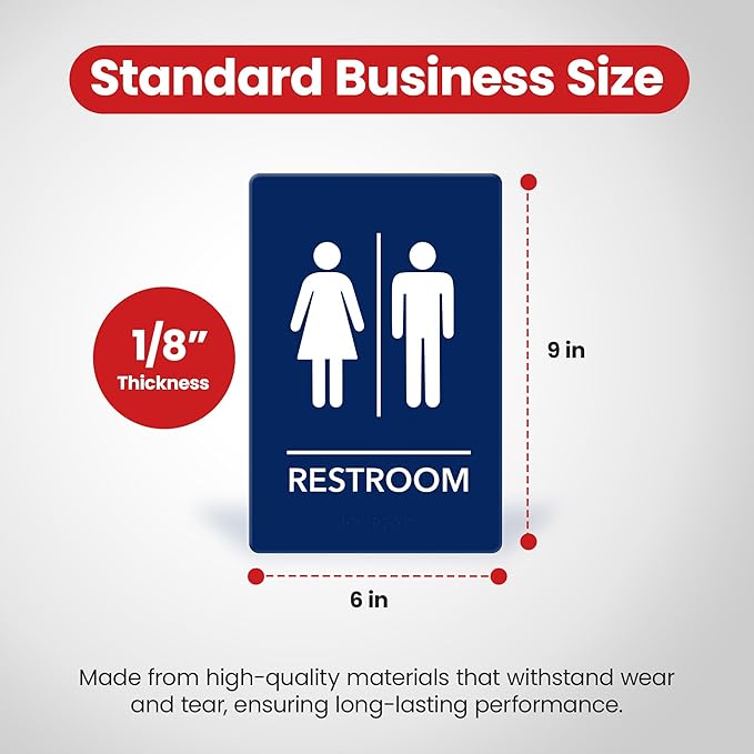 Promot Unisex Bathroom Sign – ADA Braille Restroom Sign for Business, Self-Adhesive, 9" x 6", Commercial Door Signage, Office Wall Decor - Blue