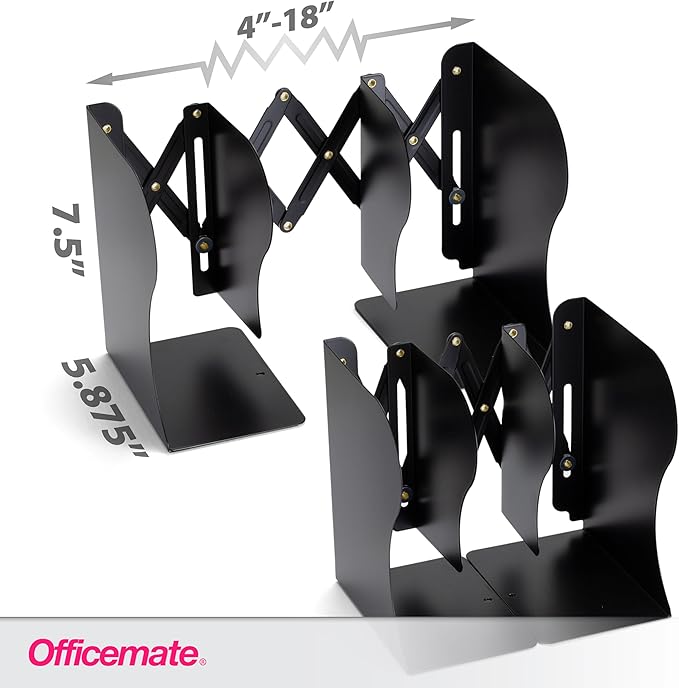 Officemate Adjustable Bookends, Expandable 4"-18", Black.