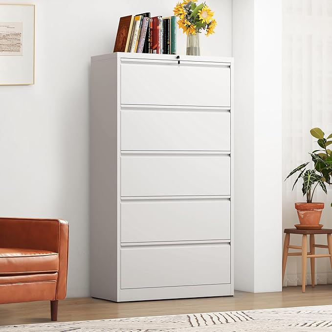 5-Drawer Lateral File Cabinet with Lock, Black Metal Filing Cabinet for Office or Home – Secure Storage for Letter/Legal/A4/F4 Documents, Easy to Assemble Locking File Organizer (White, 5 Drawer-64"H)