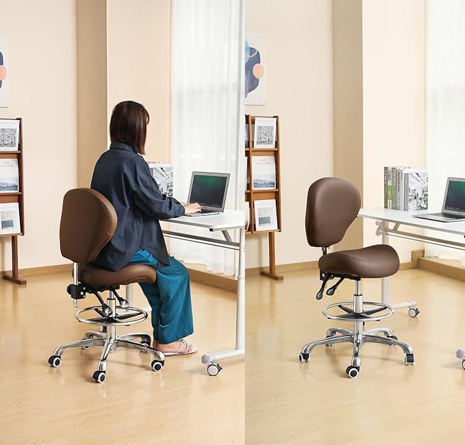 Kaleurrier Adjustable Stools Drafting Chair with Backrest & Foot Rest,Tilt Back,Swivel Seat,Rolling Wheels,for Studio,Dental,Office,Salon and Counter,Armless Tall Home Desk Chairs (Brown)
