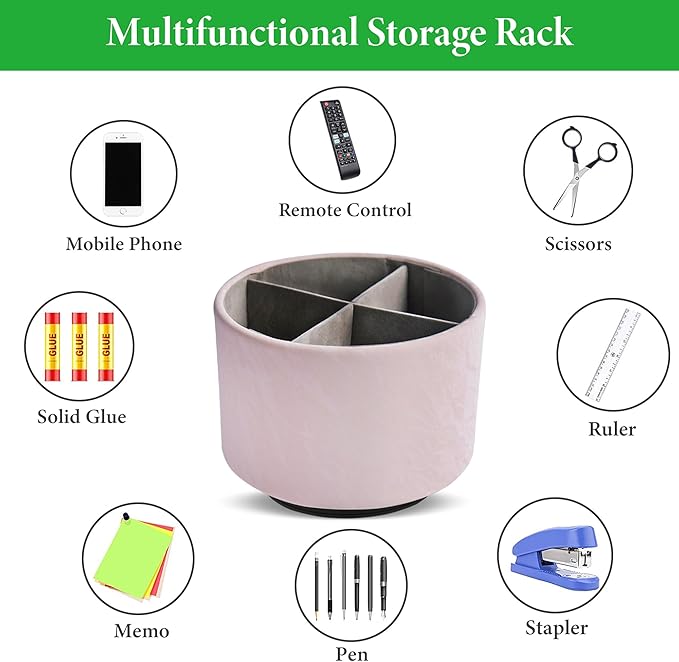 Hennaja Round Leather Art Supply Organizer,Remote Control Holder,360 Degree Spinning,Multi-Functional Pencil Holder,4 Compartments Desktop Stationary Organizer(1-Hill Pink)