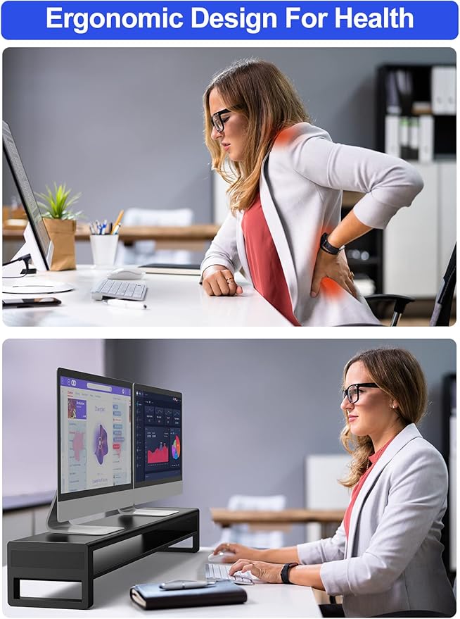 2 Tiers Dual Monitor Stand with 4 USB 3.0 Hub Ports, Double Monitor Riser, Metal Desk Stand with Storage, Long Screen Raiser for 2 Monitors/PC/Laptop/Computer Space Saver Organizer Office Home School