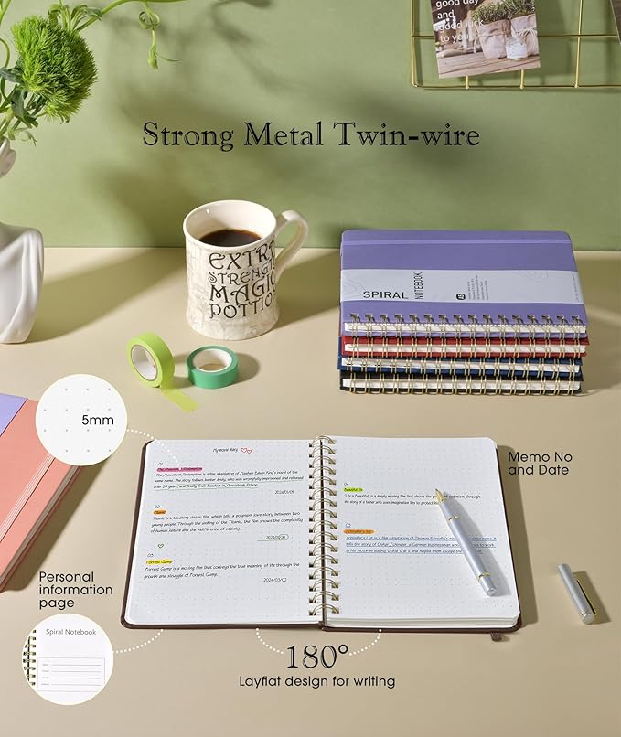 Dotted Spiral Journal Notebook, A5 Hardcover Spiral Journals for Women Men, 100 GSM Dot Grid Paper Notebooks, 150 Pages Spiral Bullet Dotted Notebook for Writing Note Taking 5.75" x 8.38", Dark Brown