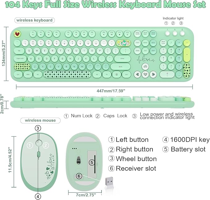 Wireless Keyboard Mouse Set,MOFII 104 Round Keys Lovely Retro Cute Colorful Computer Typewriter Keyboard and Mouse for PC/Mac/Laptop/Tablet/Computer/Windows Green