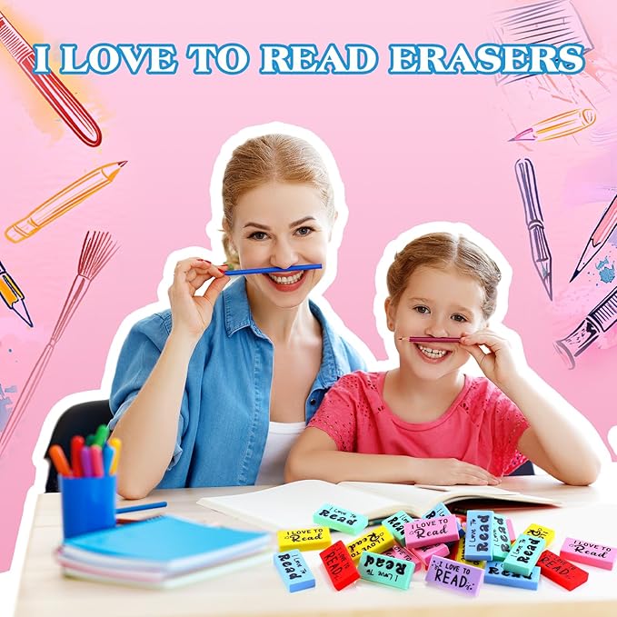200 Pcs Inspirational Erasers for Kids Back to School Gifts I Love to Read Small Colorful Pencil Erasers for Students Classroom Cute Motivational Gift for Drawing School Office Supplies