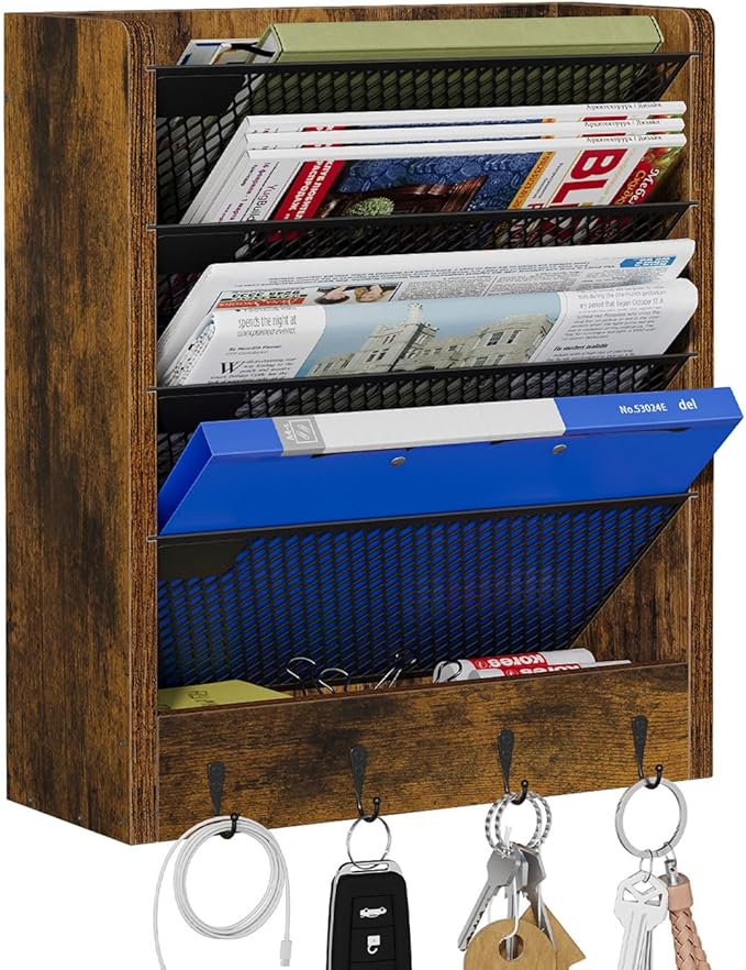 Wall File Organizer with 4 Hooks,5 Tier Vertical Hanging Wall Mount File Holder,Desk File Organizer,Desktop Mail Paper Folder Holder Rack with Bottom Tray for Office and Home