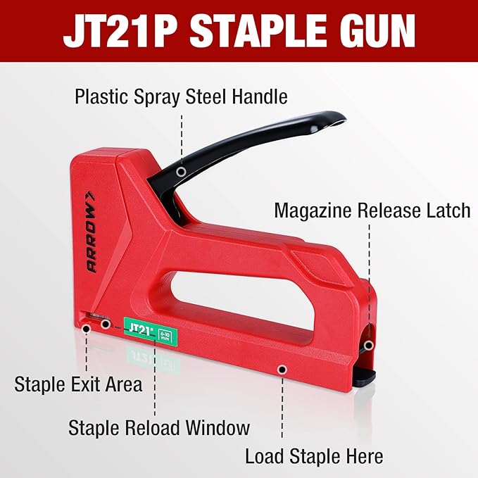 Arrow Light Duty Staple Gun, Lightweight Upholstery Stapler Kit for Wood with 1000 JT21 Staples, Plastic Housing Tacker for Crafts, Fabric, DIY, Household