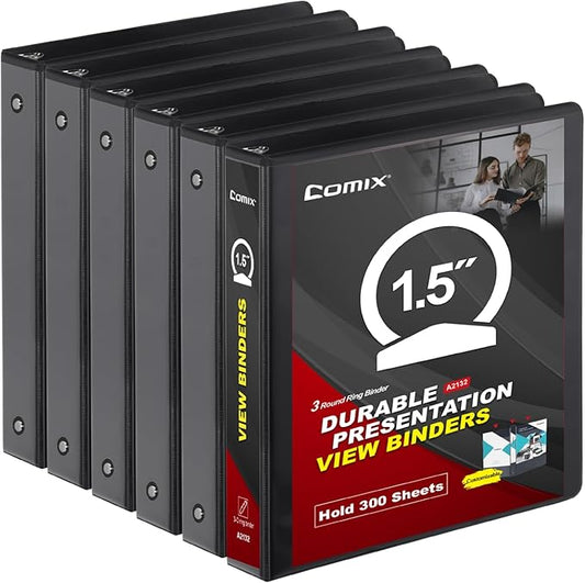 COMIX Sturdy 3 Ring Binder 1.5 inch with Clear View Cover, 1-1/2" Round Ring View Binder, PVC-Free, 300 Sheets Capacity of US Letter Size Paper, Office ＆ School Supplies, 6 Pack (Black)
