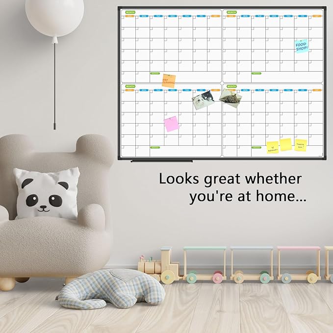 JILoffice Magnetic Dry Erase Calendar Whiteboard, 4 Month White Board Planner 48 X 36 Inch, Black Aluminum Frame Wall Mounted Board for Office Home and School