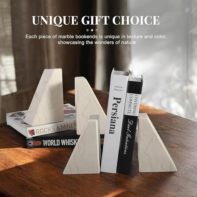 Koville Marble Bookends for Shelves, Large Bookends for Heavy Books, Non-Slip Heavy Duty Book Stopper for CD/Movies, Aesthetic Decorative Bookends for Shelves Table Home Decor(Beige)