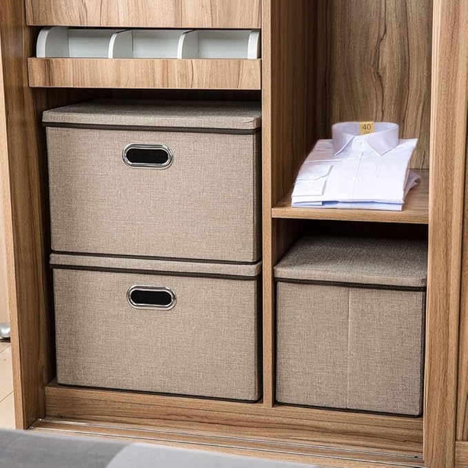 PRANDOM Large Collapsible Storage Baskets with Lids [5-Pack] Jute Fabric Foldable Storage Bins Boxes Organizer Containers Cube with Cover for Home Bedroom Closet Office Nursery (17.7x11.8x11.8)