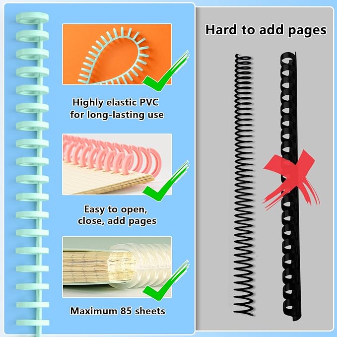 Binding Spines/Coils/Combs: Open & Close Easily Adding Pages for Notebook ，Worklion Binding Machine 30 Ring Diameter 3/8"Binding Combs， Maximum 65 Sheets Multicolor Trimmable Sturdy 10pieces